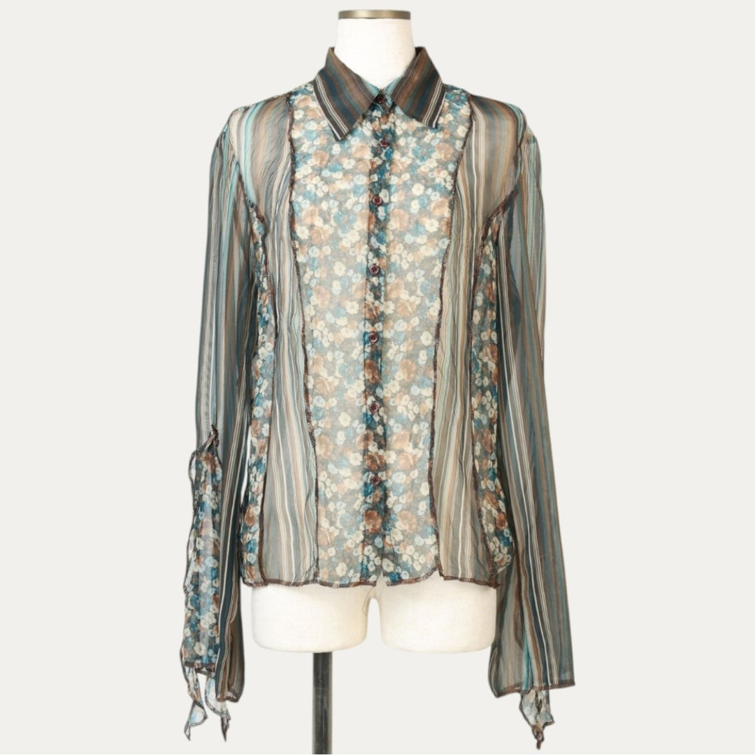 Opullence All-over Floral Stripe Pattern Frill Long-Sleeve Sheer Shirt (Women's Size S) unclear dark chocolate Vintage Second Hand