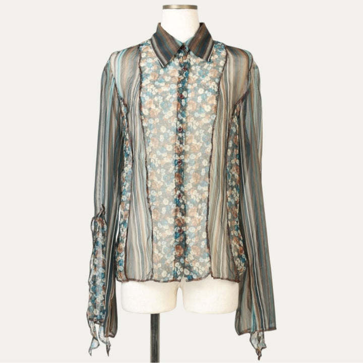 Opullence All-over Floral Stripe Pattern Frill Long-Sleeve Sheer Shirt (Women's Size S) unclear dark chocolate Vintage Second Hand