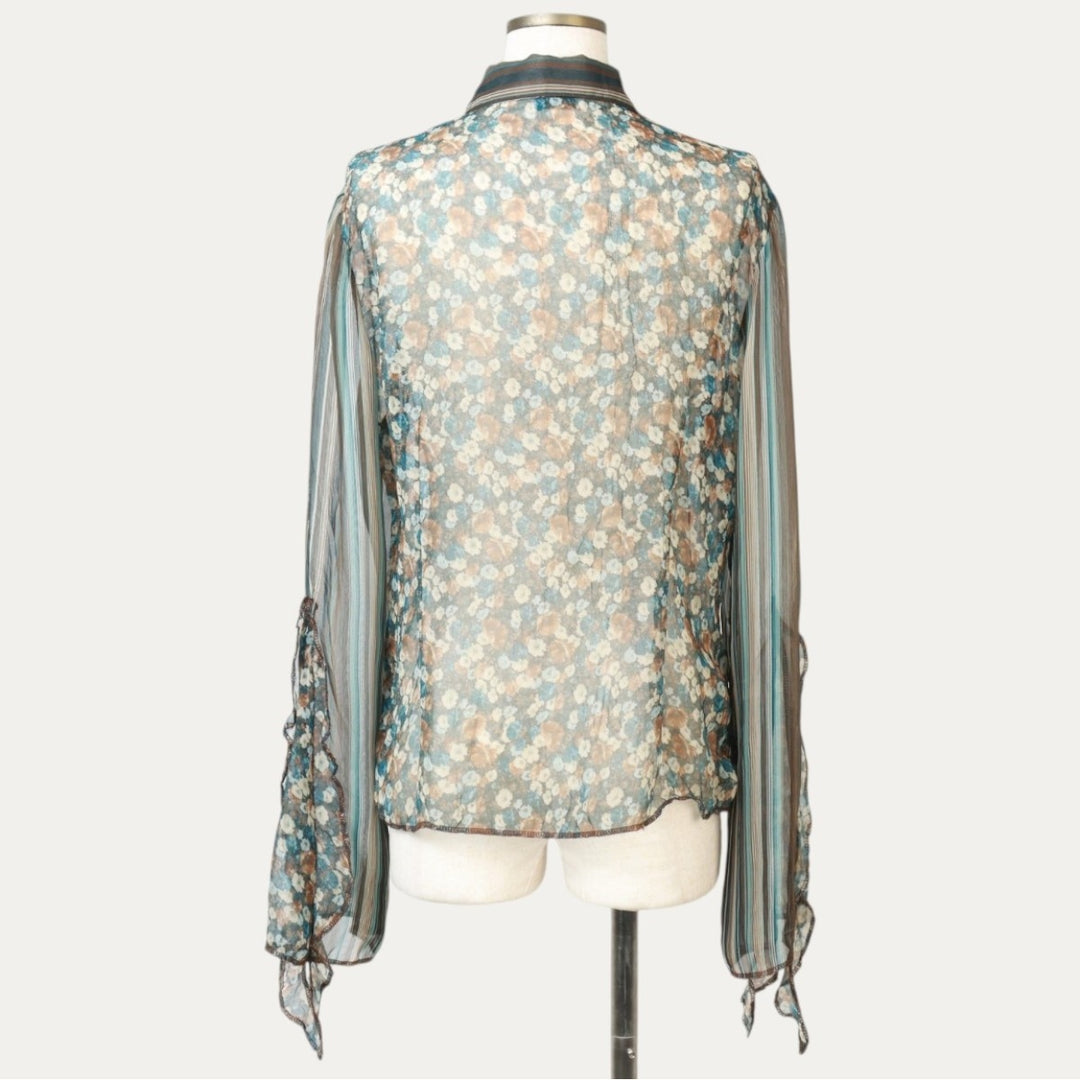 Opullence All-over Floral Stripe Pattern Frill Long-Sleeve Sheer Shirt (Women's Size S) unclear dark chocolate Vintage Second Hand