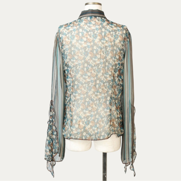 Opullence All-over Floral Stripe Pattern Frill Long-Sleeve Sheer Shirt (Women's Size S) unclear dark chocolate Vintage Second Hand