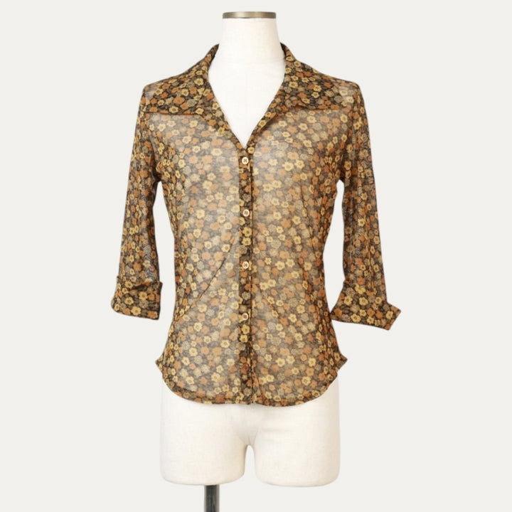 Pimkie All-over Floral Print Open Collar 3/4 Sleeve Sheer Shirt (Women's Size S) unclear black type Vintage Second Hand