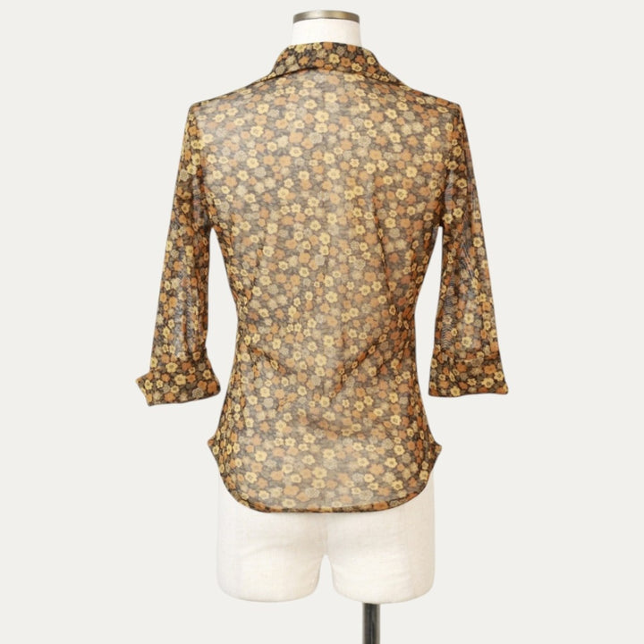 Pimkie All-over Floral Print Open Collar 3/4 Sleeve Sheer Shirt (Women's Size S) unclear black type Vintage Second Hand