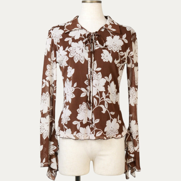All-over floral print, ruffled, lace-up pullover, long-sleeved, sheer shirt, women's size S (approx.) unclear brown type Vintage Second Hand