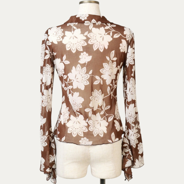 All-over floral print, ruffled, lace-up pullover, long-sleeved, sheer shirt, women's size S (approx.) unclear brown type Vintage Second Hand