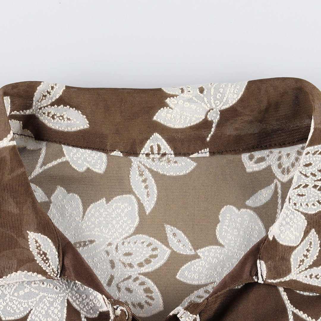 All-over floral print, ruffled, lace-up pullover, long-sleeved, sheer shirt, women's size S (approx.) unclear brown type Vintage Second Hand