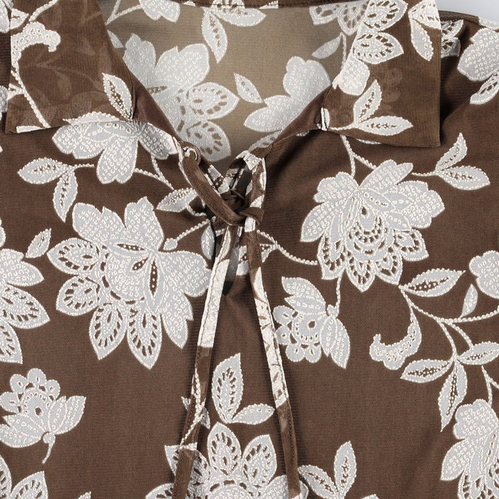 All-over floral print, ruffled, lace-up pullover, long-sleeved, sheer shirt, women's size S (approx.) unclear brown type Vintage Second Hand