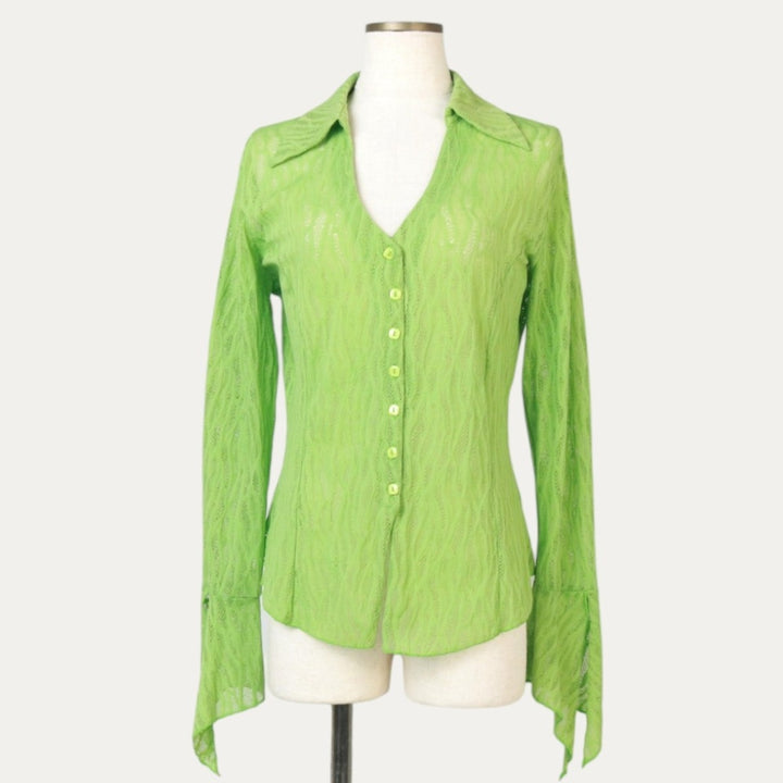 WAN ai Skipper Collar Long Sleeve See-Through Shirt Box Shirt Women's Size M unclear green type yellow green Vintage Second Hand