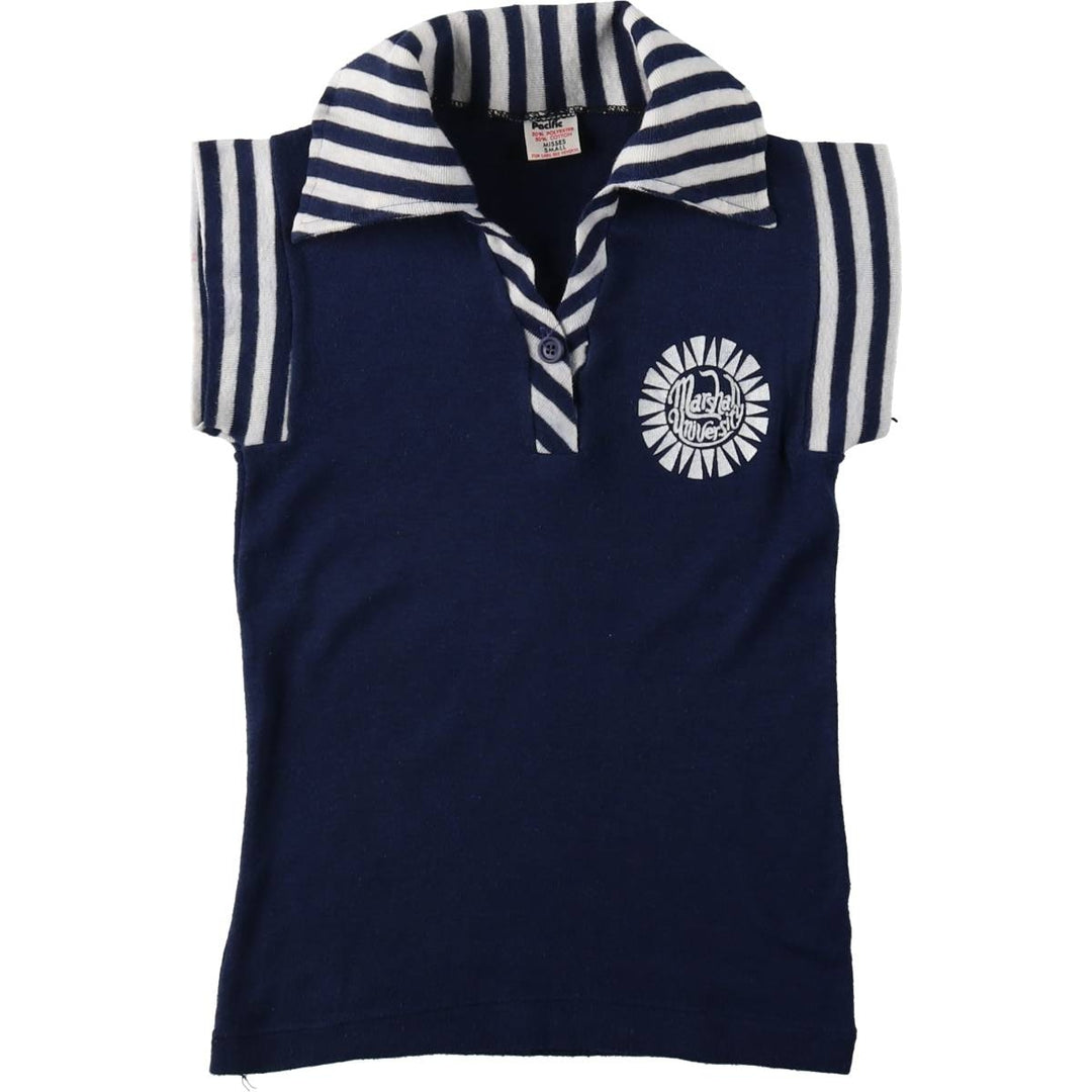 80s-era COLLEGIATE PACIFIC striped pattern college short-sleeved knit polo shirt, made in USA, women's size S equivalent, vintage. polyester navy blue type Vintage Second Hand