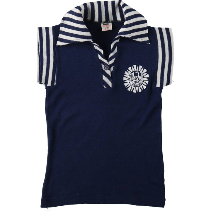 80s-era COLLEGIATE PACIFIC striped pattern college short-sleeved knit polo shirt, made in USA, women's size S equivalent, vintage. polyester navy blue type Vintage Second Hand