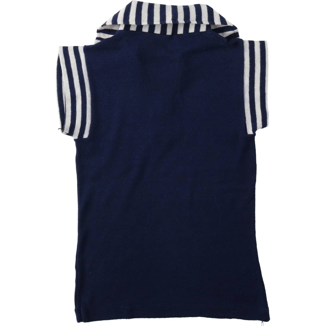 80s-era COLLEGIATE PACIFIC striped pattern college short-sleeved knit polo shirt, made in USA, women's size S equivalent, vintage. polyester navy blue type Vintage Second Hand