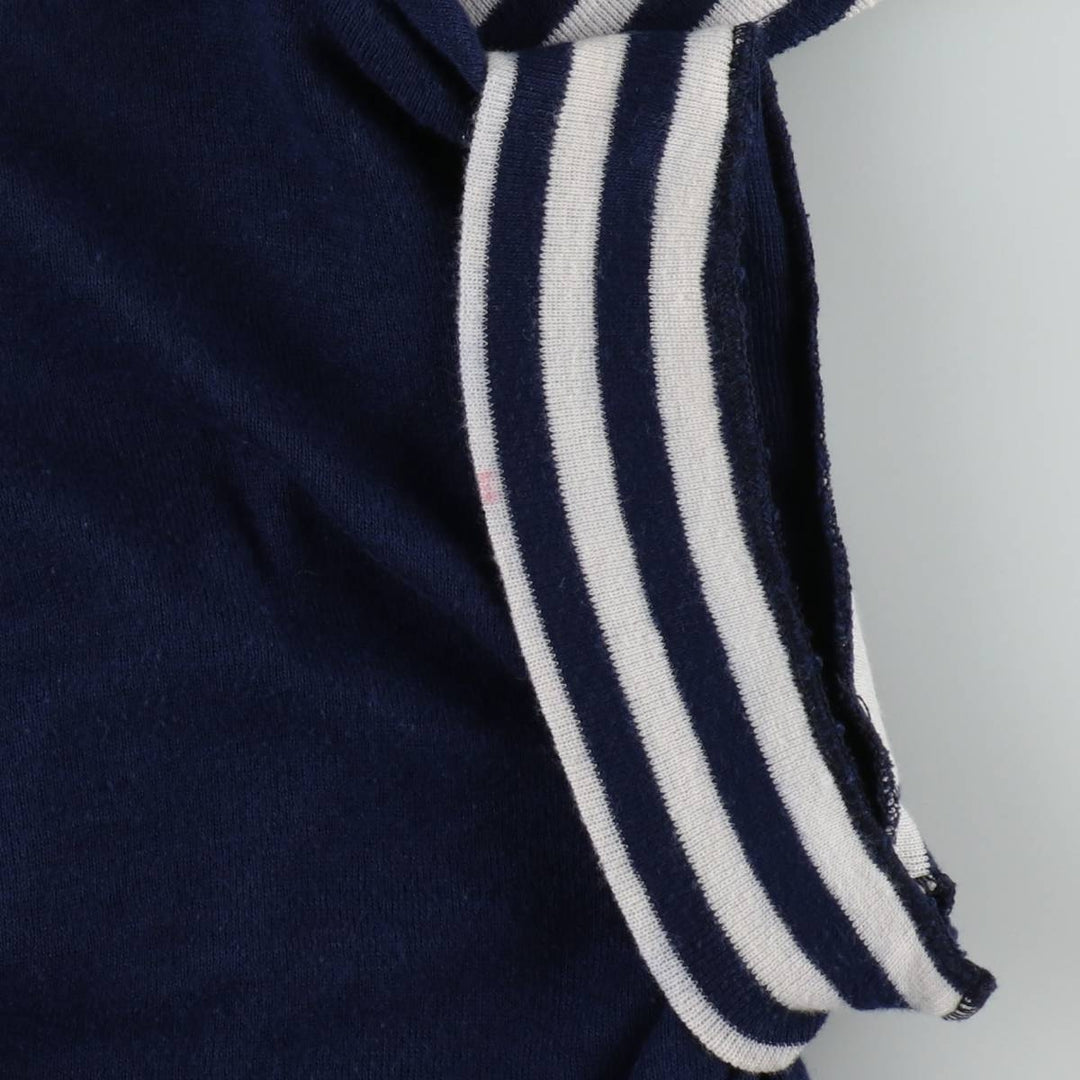 80s-era COLLEGIATE PACIFIC striped pattern college short-sleeved knit polo shirt, made in USA, women's size S equivalent, vintage. polyester navy blue type Vintage Second Hand