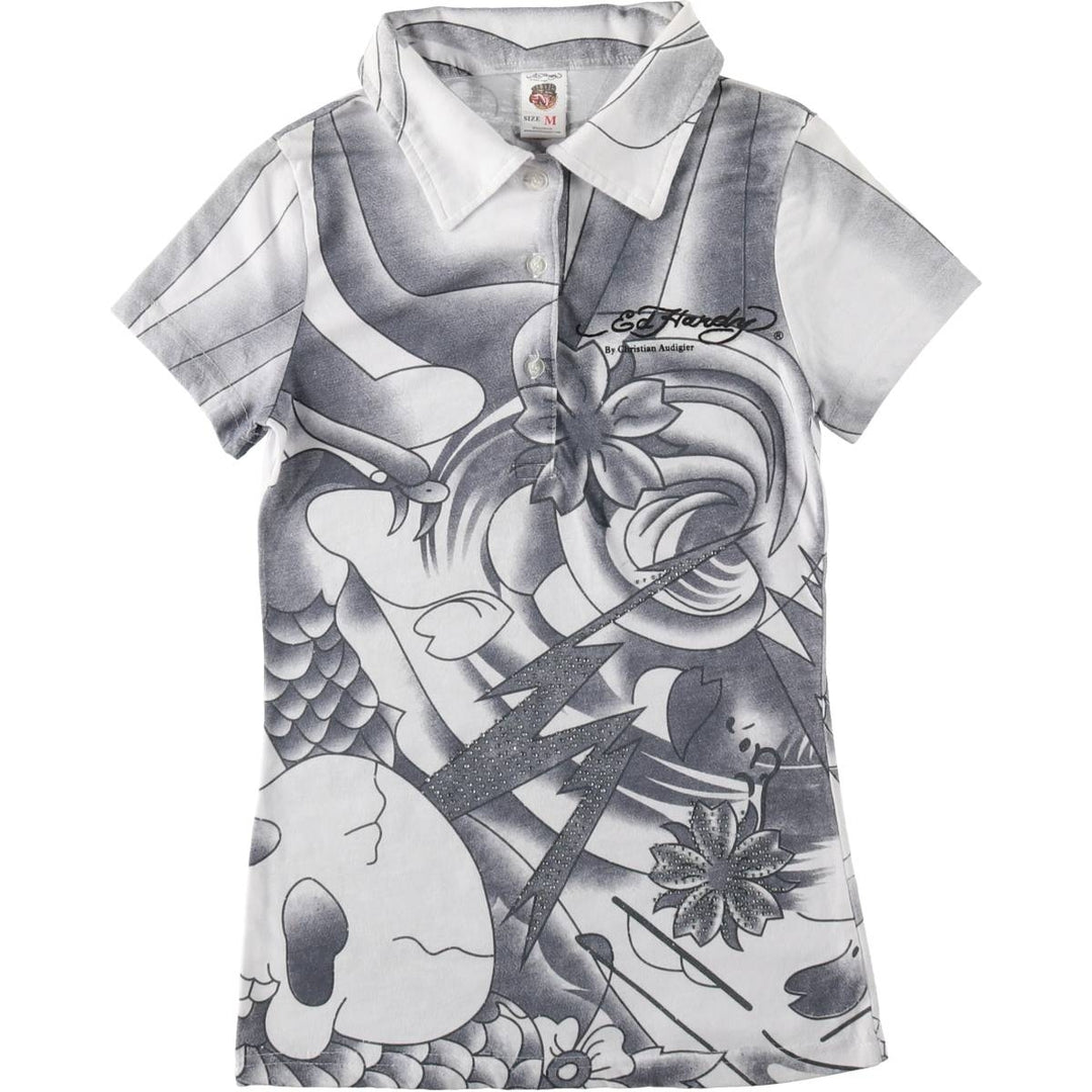 Ed Hardy all-over print polo shirt with rhinestones, short sleeves, made in the USA, women's size M equivalent. cotton white type Vintage Second Hand