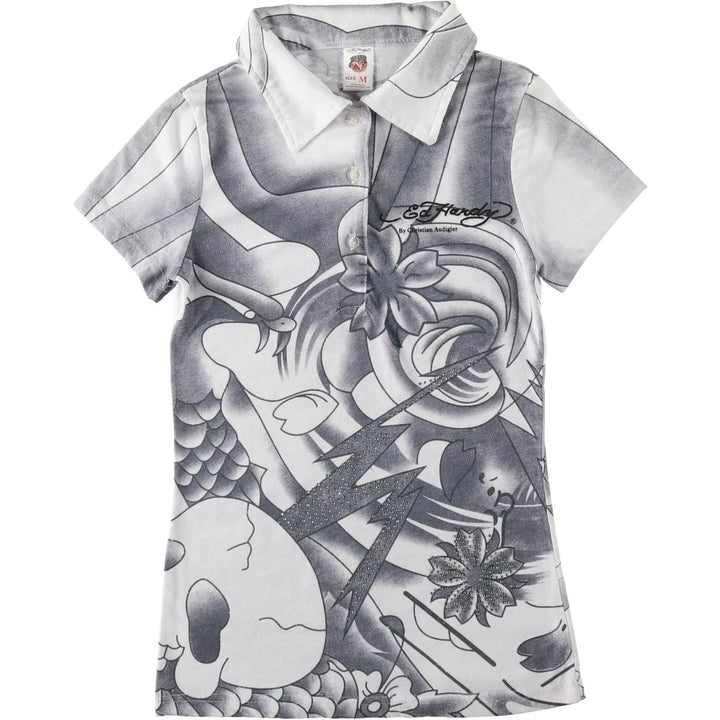 Ed Hardy all-over print polo shirt with rhinestones, short sleeves, made in the USA, women's size M equivalent. cotton white type Vintage Second Hand