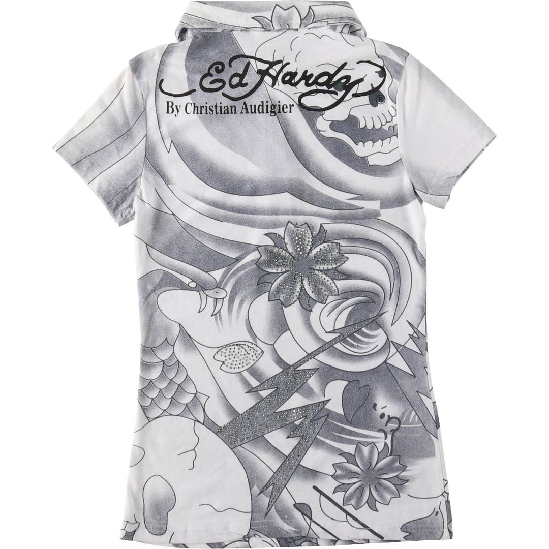 Ed Hardy all-over print polo shirt with rhinestones, short sleeves, made in the USA, women's size M equivalent. cotton white type Vintage Second Hand