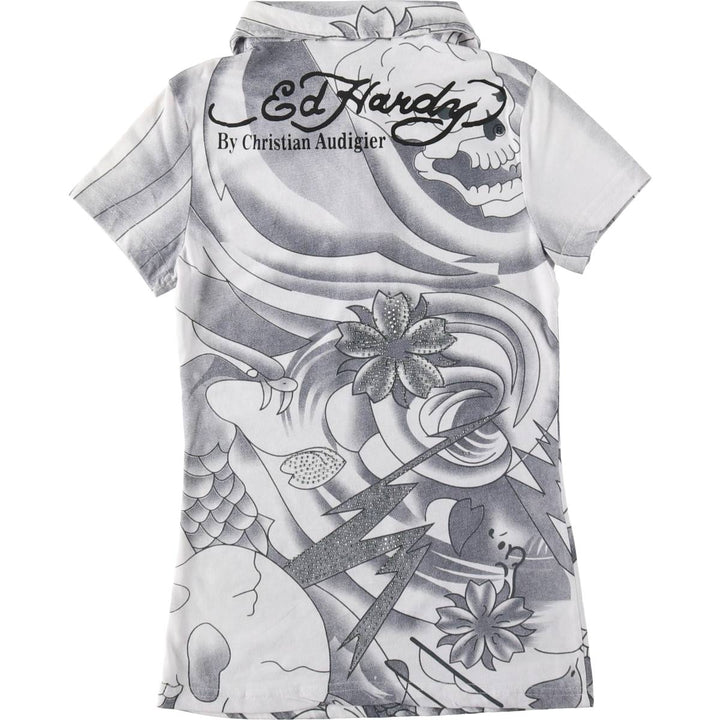 Ed Hardy all-over print polo shirt with rhinestones, short sleeves, made in the USA, women's size M equivalent. cotton white type Vintage Second Hand