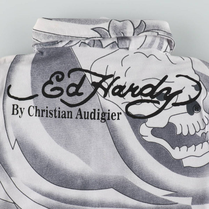 Ed Hardy all-over print polo shirt with rhinestones, short sleeves, made in the USA, women's size M equivalent. cotton white type Vintage Second Hand