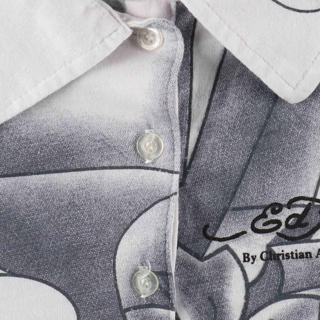 Ed Hardy all-over print polo shirt with rhinestones, short sleeves, made in the USA, women's size M equivalent. cotton white type Vintage Second Hand