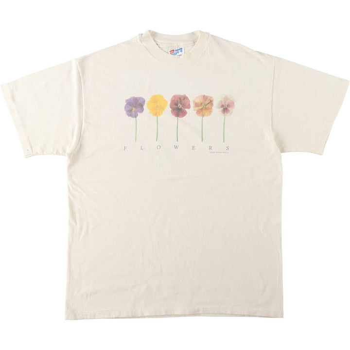 90'S Hanes BEEFY-T Floral Art T-Shirt, Made in USA, Women's Size L (approx.), Vintage cotton unbleached Vintage Second Hand