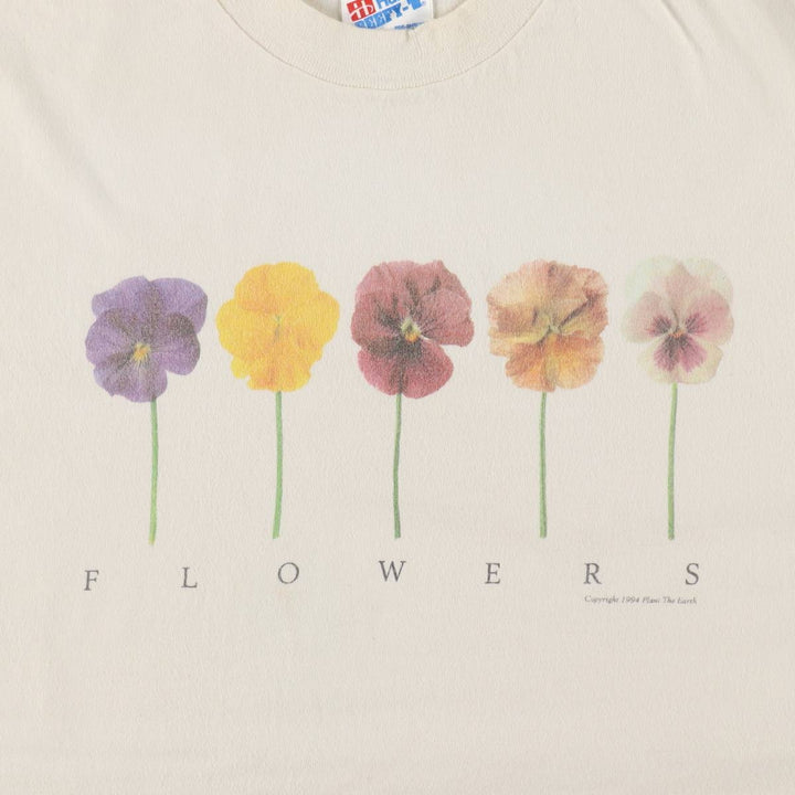 90'S Hanes BEEFY-T Floral Art T-Shirt, Made in USA, Women's Size L (approx.), Vintage cotton unbleached Vintage Second Hand