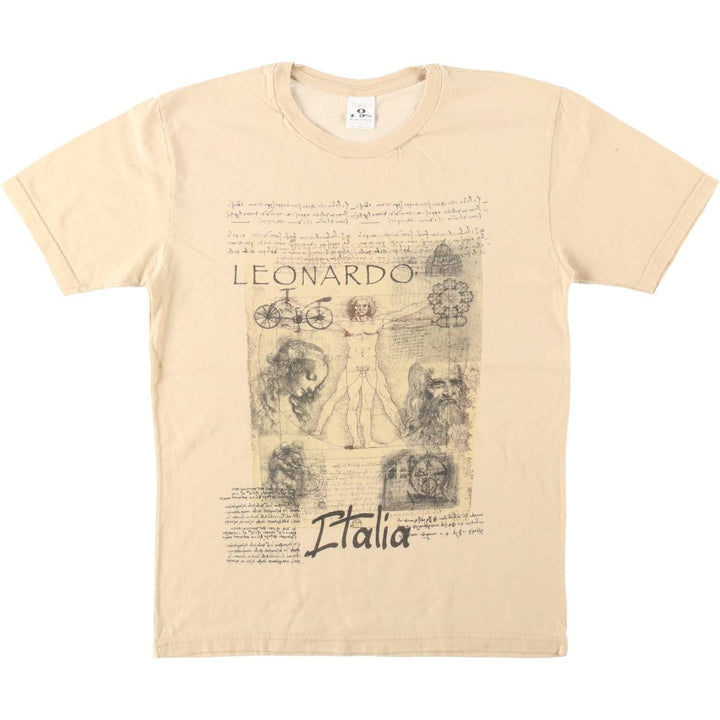 TIMETEX LEONARDO DA VINCI Art T-shirt, Made in Italy, Women's Size S (approx.) cotton beige type brown Vintage Second Hand