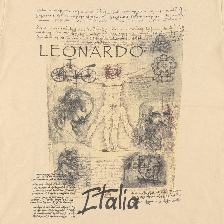 TIMETEX LEONARDO DA VINCI Art T-shirt, Made in Italy, Women's Size S (approx.) cotton beige type brown Vintage Second Hand