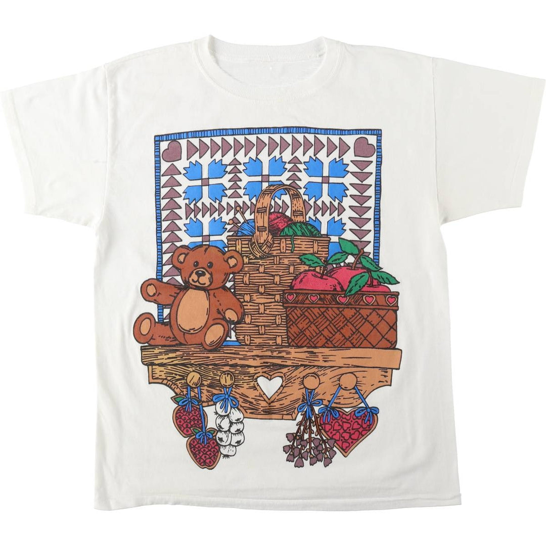90s-era Teddy Bear Pattern Print T-Shirt, Women's Size L (approx.), Vintage unclear white type Vintage Second Hand