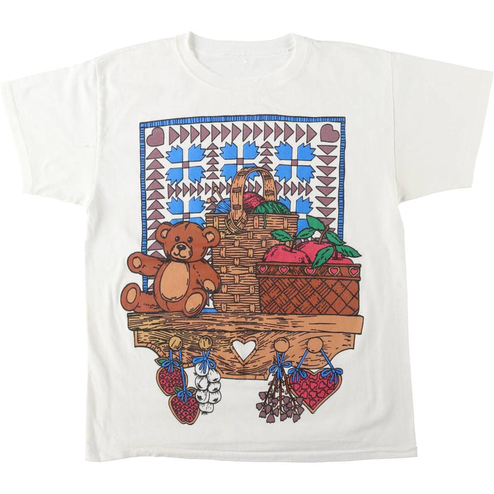 90s-era Teddy Bear Pattern Print T-Shirt, Women's Size L (approx.), Vintage unclear white type Vintage Second Hand