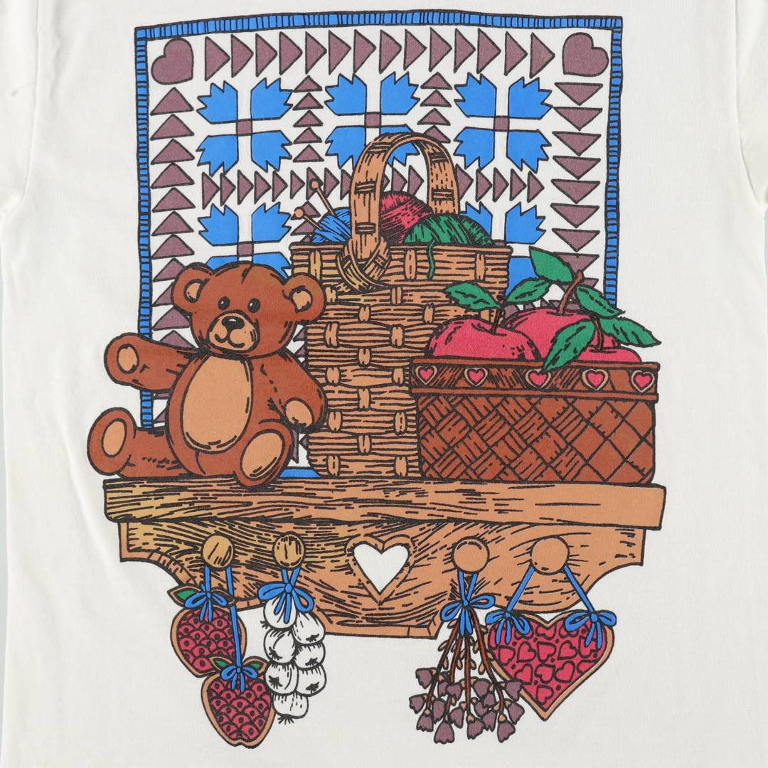90s-era Teddy Bear Pattern Print T-Shirt, Women's Size L (approx.), Vintage unclear white type Vintage Second Hand