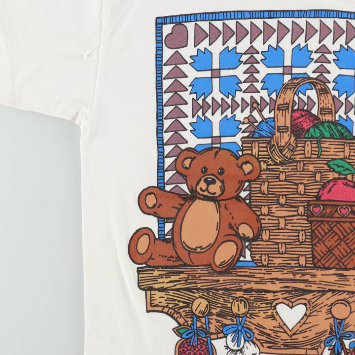 90s-era Teddy Bear Pattern Print T-Shirt, Women's Size L (approx.), Vintage unclear white type Vintage Second Hand