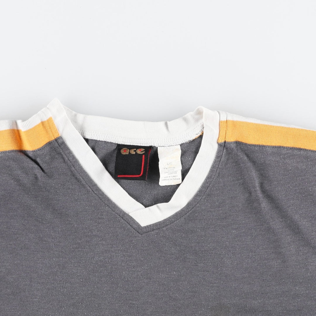 ~90'S Ace V-neck Ringer T-shirt, Men's Size L (approx.), Vintage cotton gray type Vintage Second Hand
