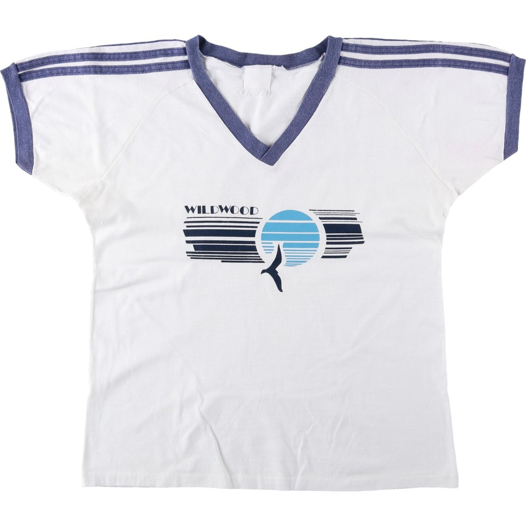 70s-80'S V-neck ringer t-shirt, men's size M unclear white type Vintage Second Hand