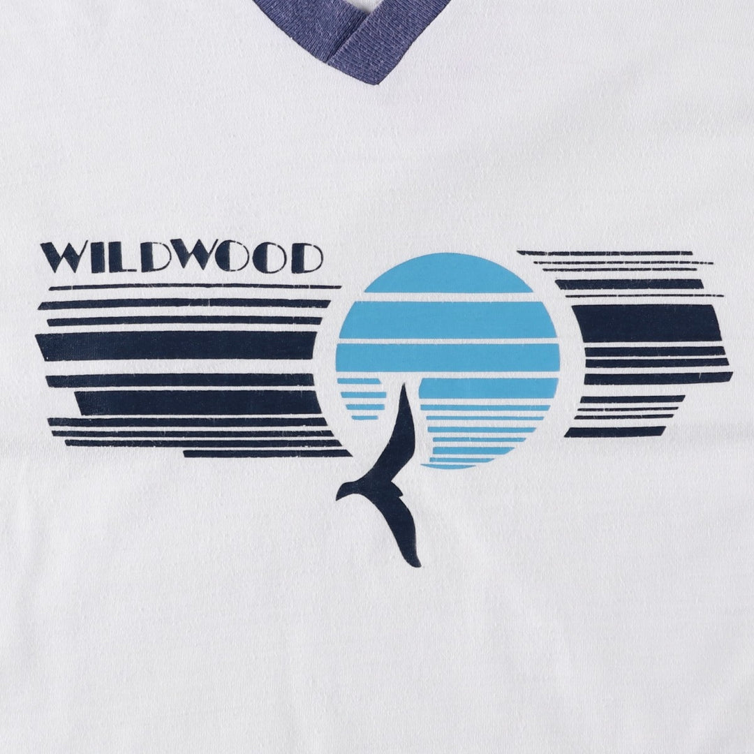 70s-80'S V-neck ringer t-shirt, men's size M unclear white type Vintage Second Hand