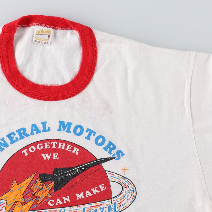 80'S sportswear GENERAL MOTORS advertising ringer t-shirt, made in USA, men's size XL equivalent. polyester white type Vintage Second Hand