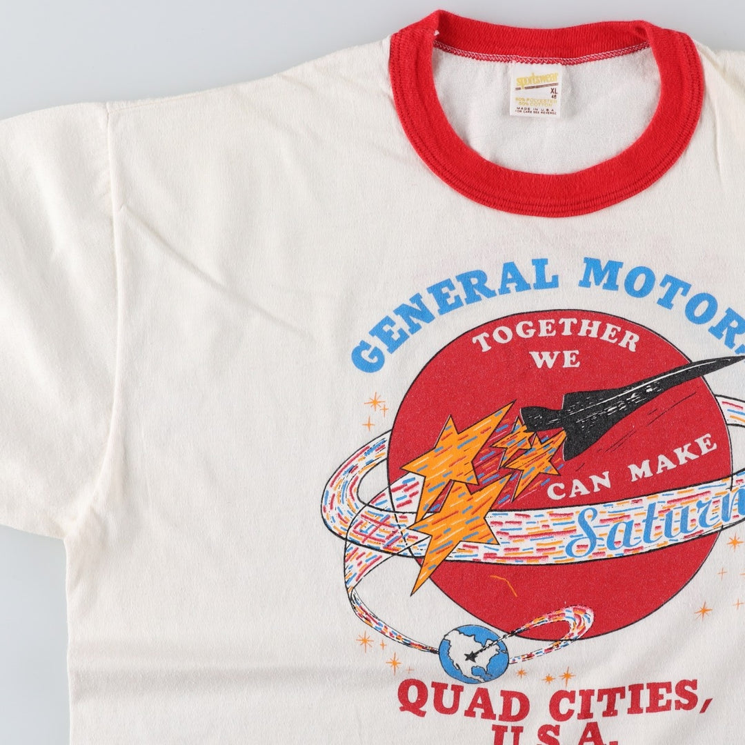 80'S sportswear GENERAL MOTORS advertising ringer t-shirt, made in USA, men's size XL equivalent. polyester white type Vintage Second Hand