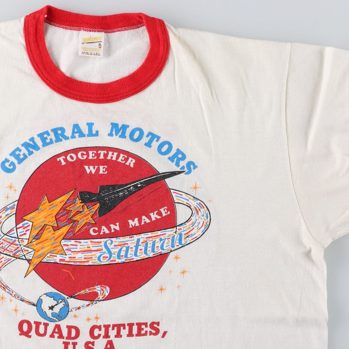 80'S sportswear GENERAL MOTORS advertising ringer t-shirt, made in USA, men's size XL equivalent. polyester white type Vintage Second Hand
