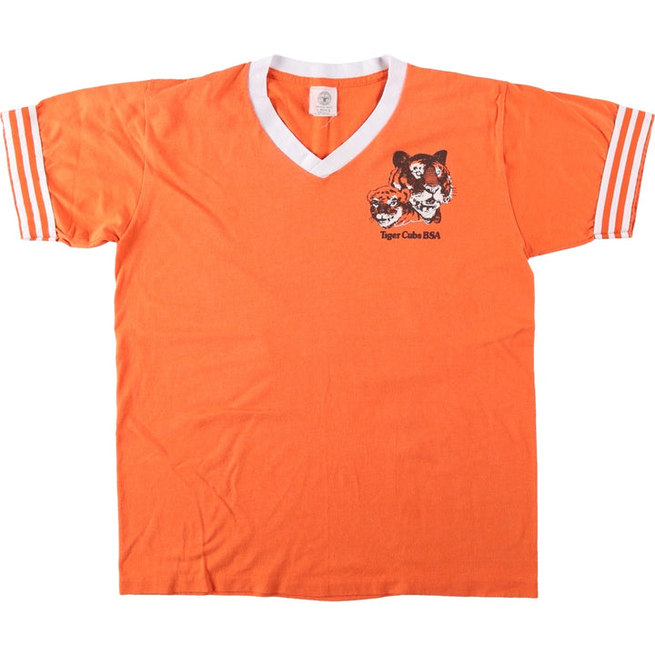 90'S Boy Scouts of America Tiger Pattern V-Neck Ringer T-Shirt, Made in USA, Men's Size L (approx.) cotton orange type Vintage Second Hand