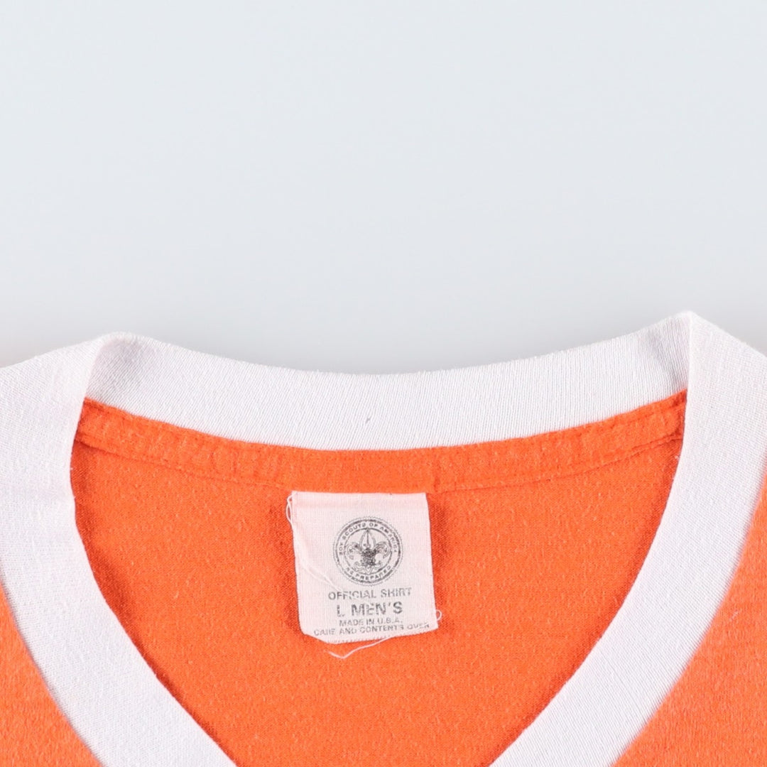 90'S Boy Scouts of America Tiger Pattern V-Neck Ringer T-Shirt, Made in USA, Men's Size L (approx.) cotton orange type Vintage Second Hand