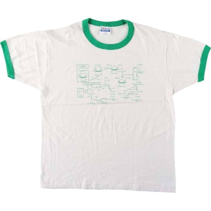 Vintage 80'S Hanes POLY-COTTON Blue Tag Ringer T-shirt Made in USA Men's L size cotton white type Vintage Second Hand
