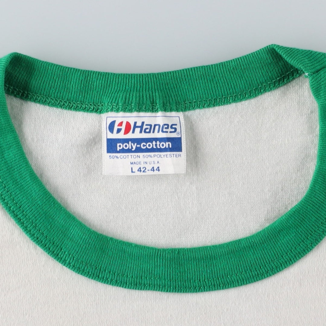Vintage 80'S Hanes POLY-COTTON Blue Tag Ringer T-shirt Made in USA Men's L size cotton white type Vintage Second Hand