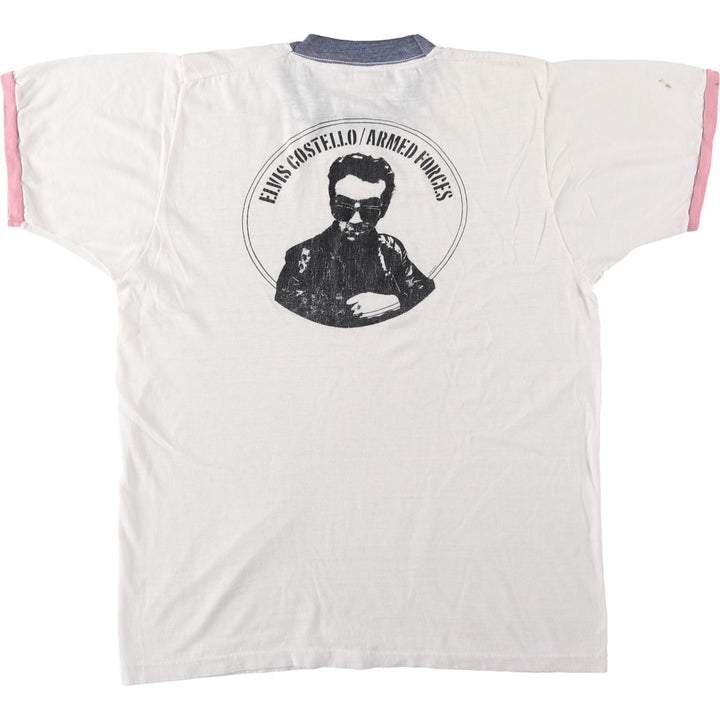 ELVIS COSTELLO Elvis Costello Back Print Band Ringer T-Shirt, Made in USA, Men's Size S (Equivalent), Vintage unclear white type Vintage Second Hand