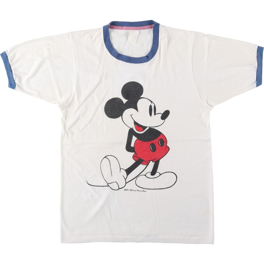 MICKEY MOUSE Ringer T-shirt, Character Print T-shirt, Men's Size S (approx.), Vintage unclear white type Vintage Second Hand