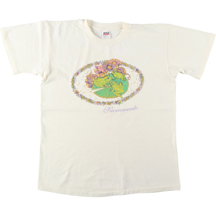 90'S Anvil Frog Pattern Animal T-Shirt, Made in USA, Men's Size L (Equivalent), Vintage cotton unbleached Vintage Second Hand