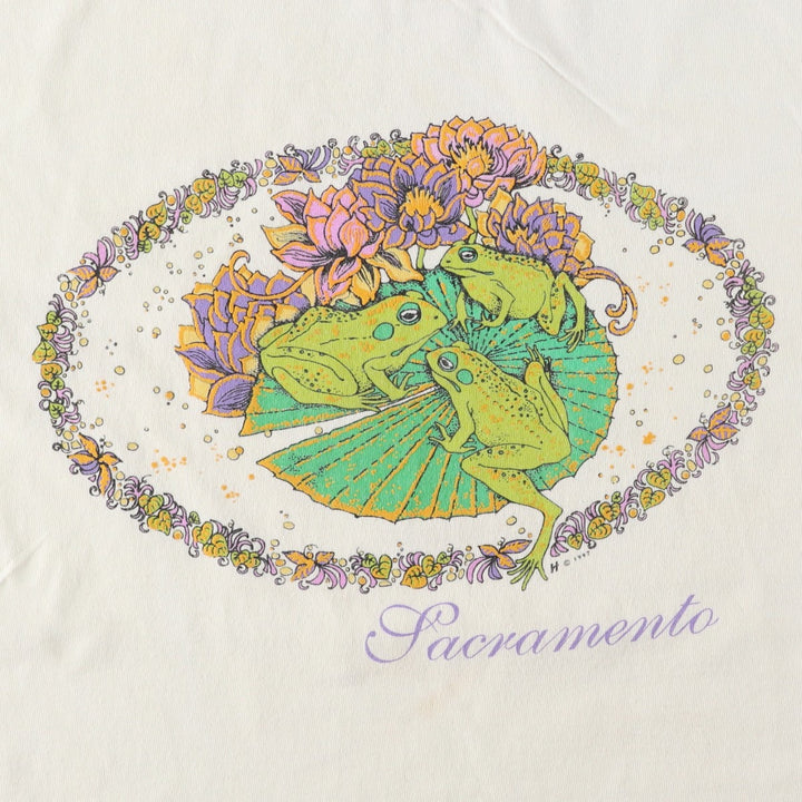 90'S Anvil Frog Pattern Animal T-Shirt, Made in USA, Men's Size L (Equivalent), Vintage cotton unbleached Vintage Second Hand