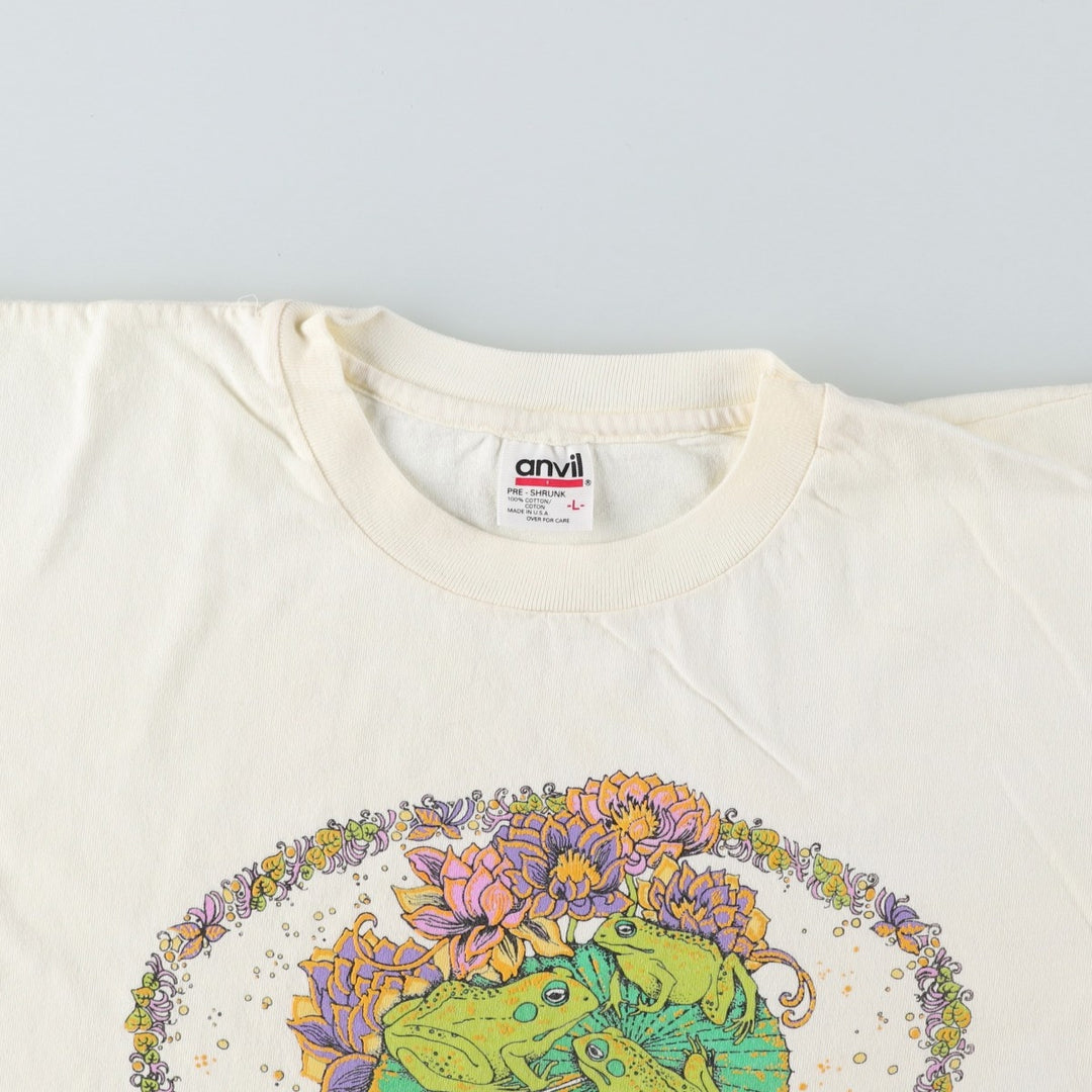 90'S Anvil Frog Pattern Animal T-Shirt, Made in USA, Men's Size L (Equivalent), Vintage cotton unbleached Vintage Second Hand