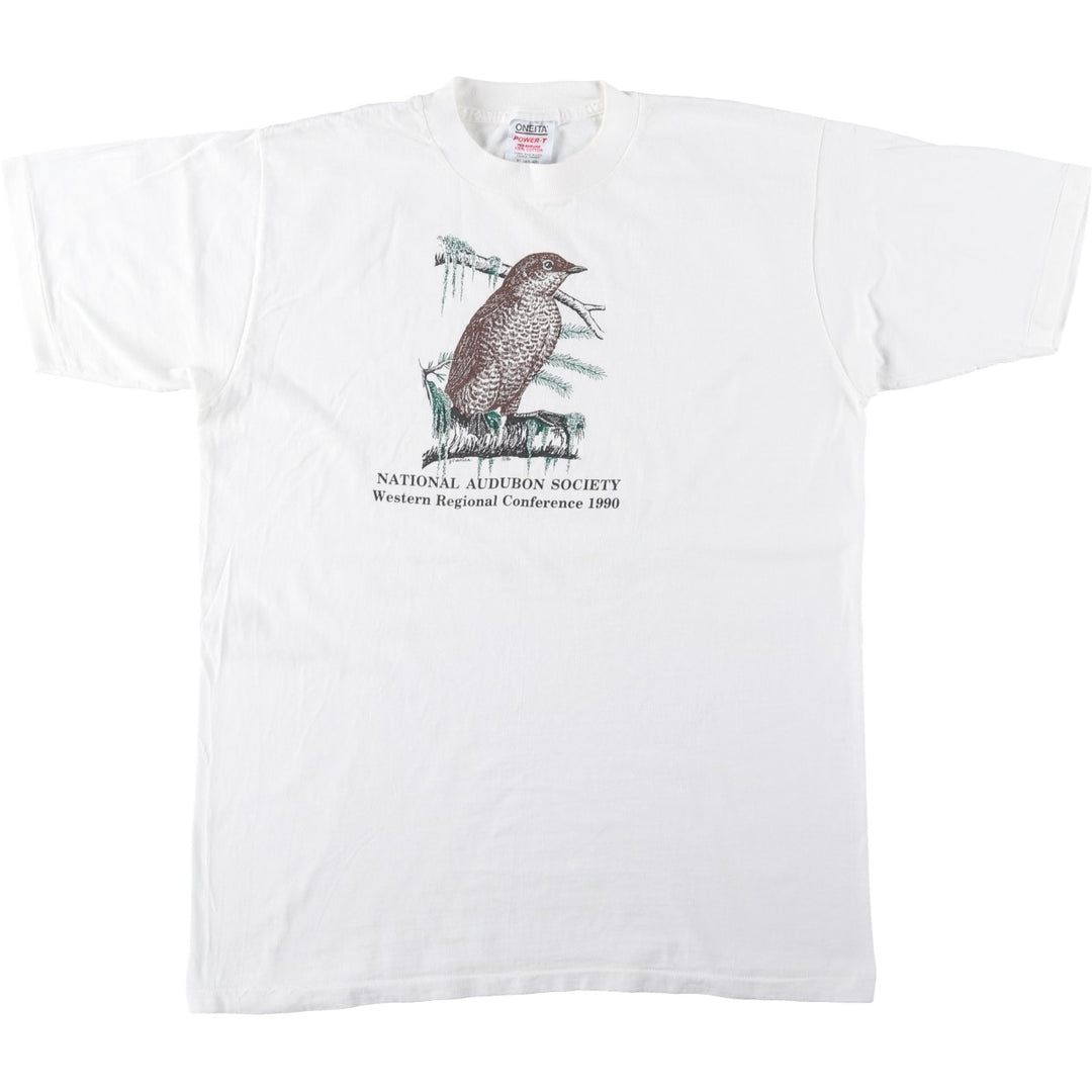90'S ONEITA POWER-T Bird Pattern Animal T-Shirt, Made in USA, Men's XL equivalent, Vintage cotton white type Vintage Second Hand