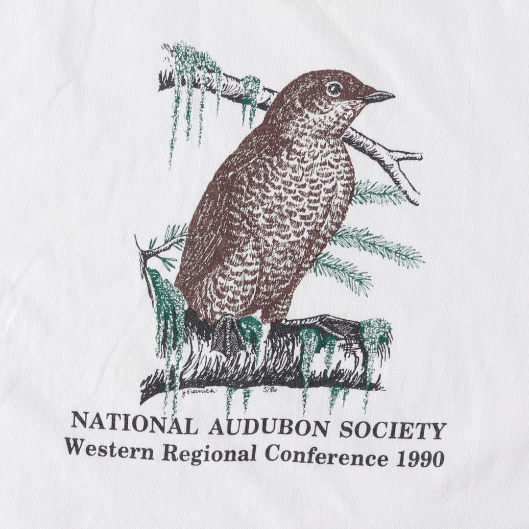 90'S ONEITA POWER-T Bird Pattern Animal T-Shirt, Made in USA, Men's XL equivalent, Vintage cotton white type Vintage Second Hand