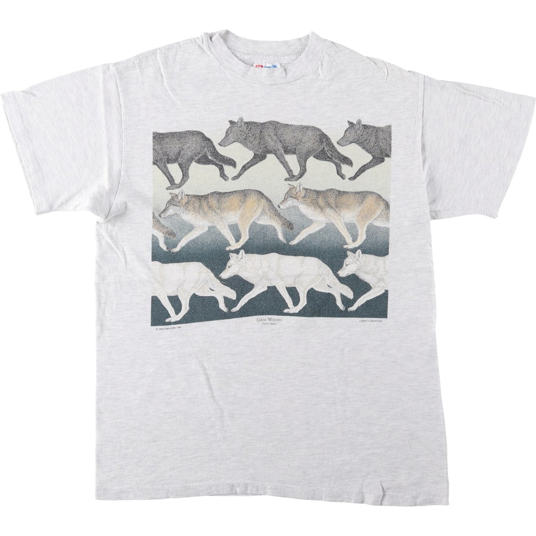 90'S Hanes BEEFY-T Wolf Pattern Animal T-Shirt, Made in USA, Men's Size M (approx.) cotton pale white type Vintage Second Hand