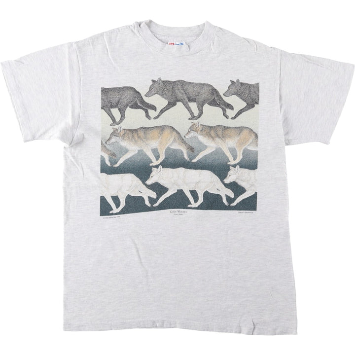 90'S Hanes BEEFY-T Wolf Pattern Animal T-Shirt, Made in USA, Men's Size M (approx.) cotton pale white type Vintage Second Hand