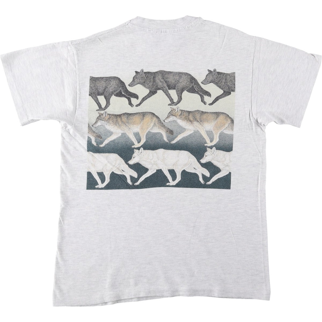 90'S Hanes BEEFY-T Wolf Pattern Animal T-Shirt, Made in USA, Men's Size M (approx.) cotton pale white type Vintage Second Hand