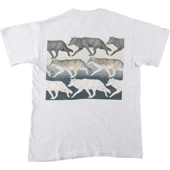 90'S Hanes BEEFY-T Wolf Pattern Animal T-Shirt, Made in USA, Men's Size M (approx.) cotton pale white type Vintage Second Hand